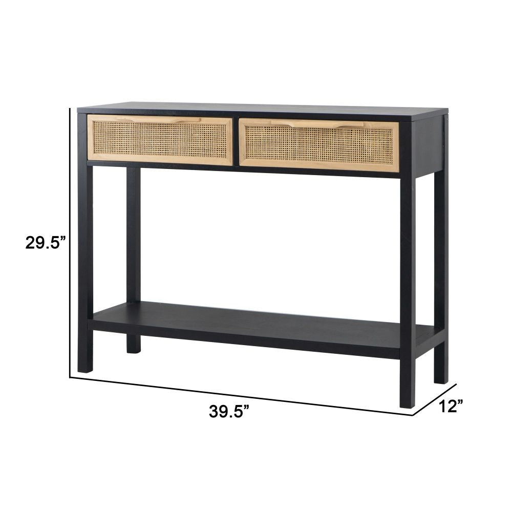 Dana 39 Inch Sofa Console Table 2 Rattan Drawers Black Finish Brown By Casagear Home BM284930