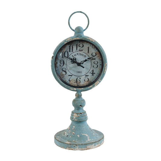 13 Inch Decorative Table Clock, Iron, Vintage Inspired Design, Aqua Blue By Casagear Home