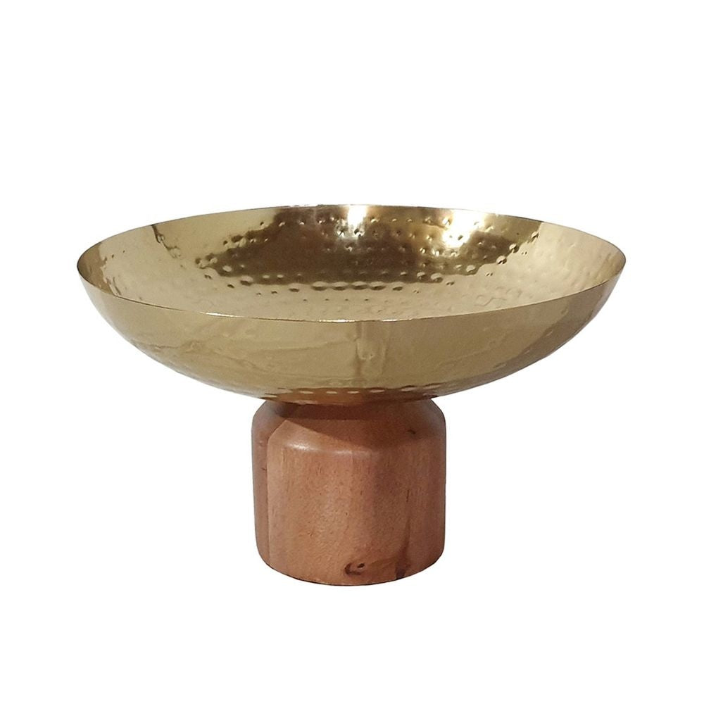 Roe 12 Inch Large Acacia Wood Table Bowl, Steel, Decorative, Gold and Brown By Casagear Home