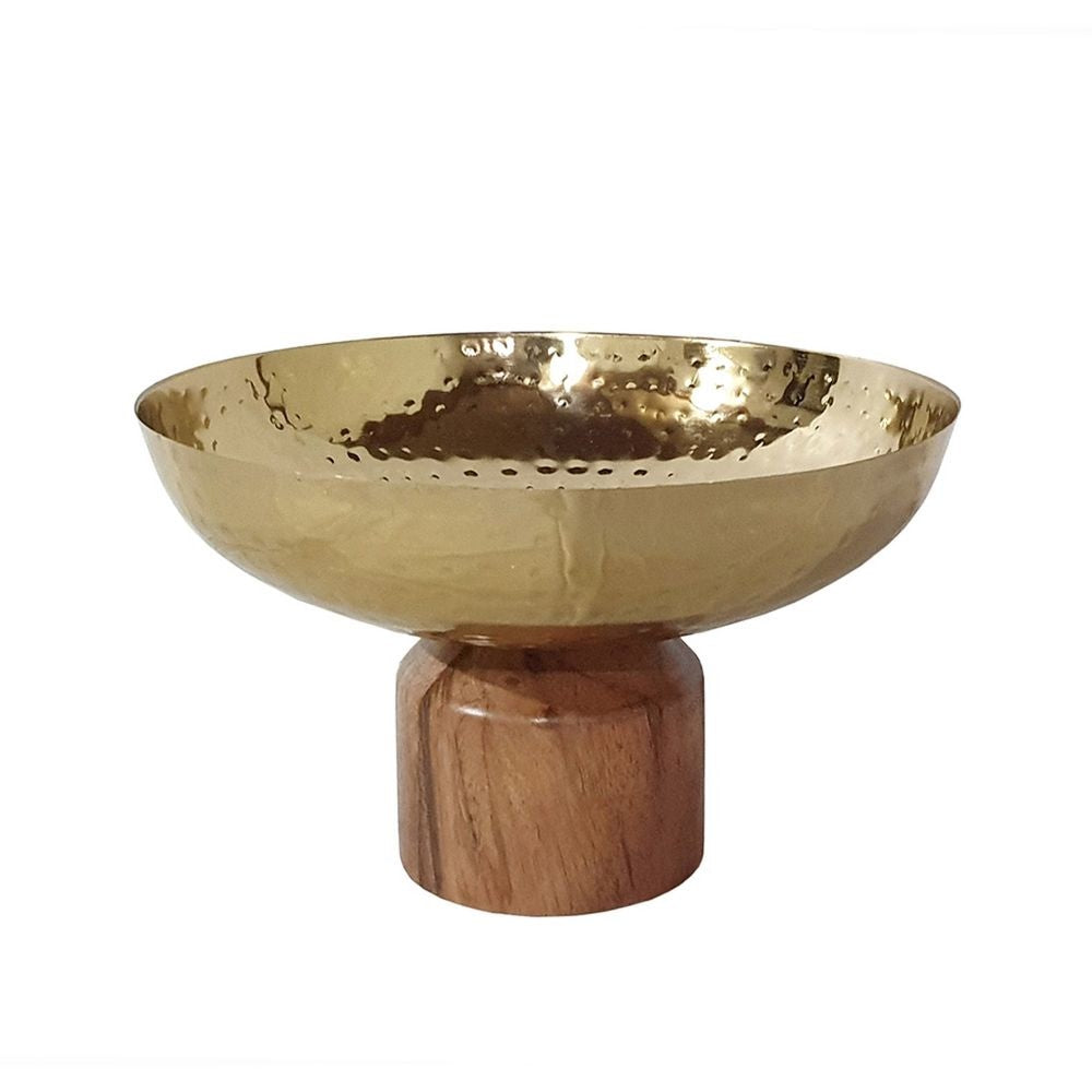 Roe 10 Inch Medium Acacia Wood Table Bowl, Steel, Decorative, Gold, Brown By Casagear Home