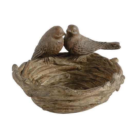 9 Inch Handcrafted Accent Table Bowl, Resin, Lovebirds Nest, Natural Brown By Casagear Home