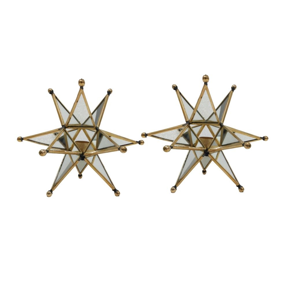 Set of 2 Candle Holders, Golden Star Style Accent Table Decorations, Glass By Casagear Home