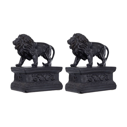 Ari Set of 2 Classic Bookends, Lion Statuette Figurines, Glossy Black Resin By Casagear Home