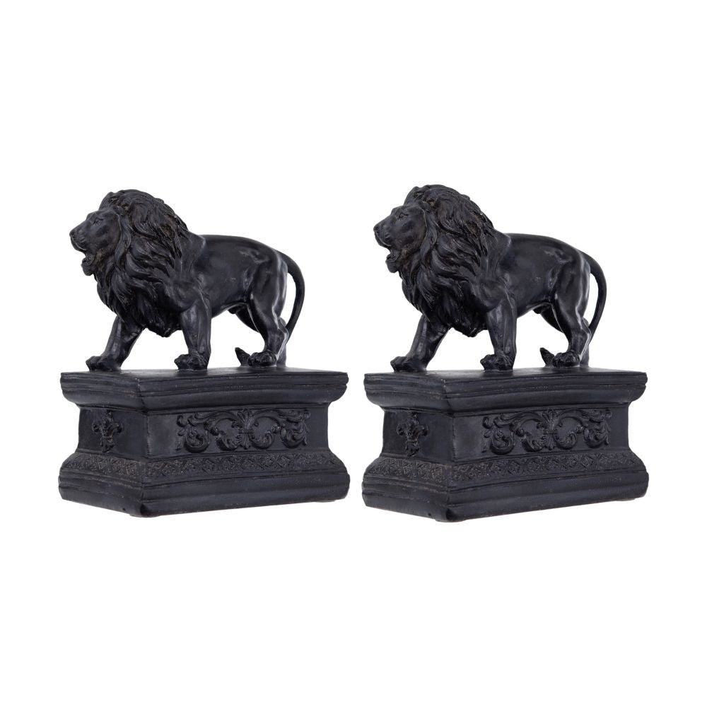 Ari Bookends | Set of 2 | Lion Figurines | Glossy Black Resin