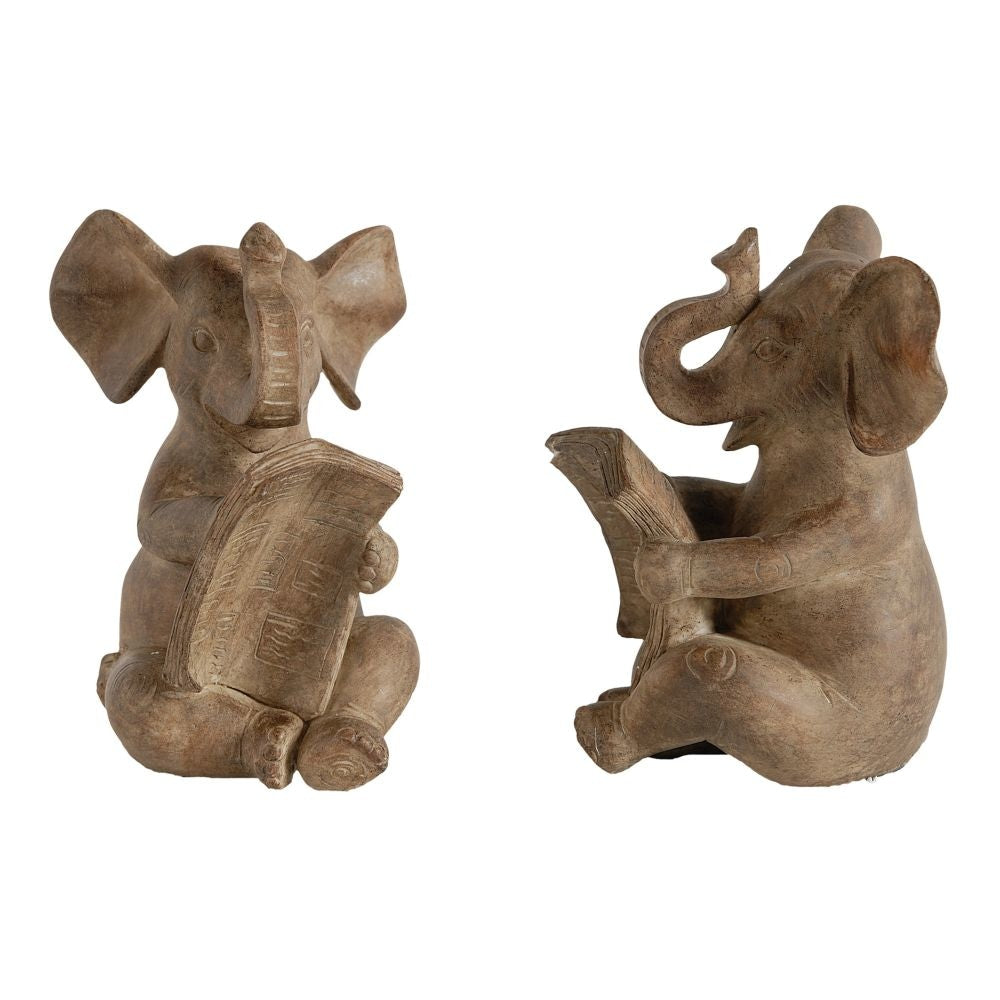 Ari Bookends | Set of 2 | Reading Elephants | Brown Resin