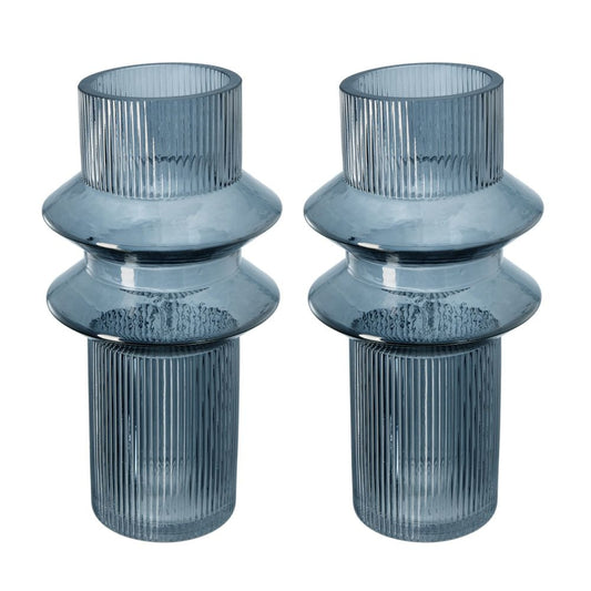 Rae Set of 2 Glass Vases, Tall Round Cylinders, Smokey Blue, Clear Finish By Casagear Home