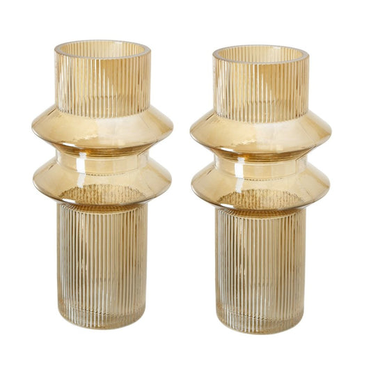 Rae Set of 2 Glass Vases, Tall Round Cylinders, Amber Yellow, Clear Finish By Casagear Home