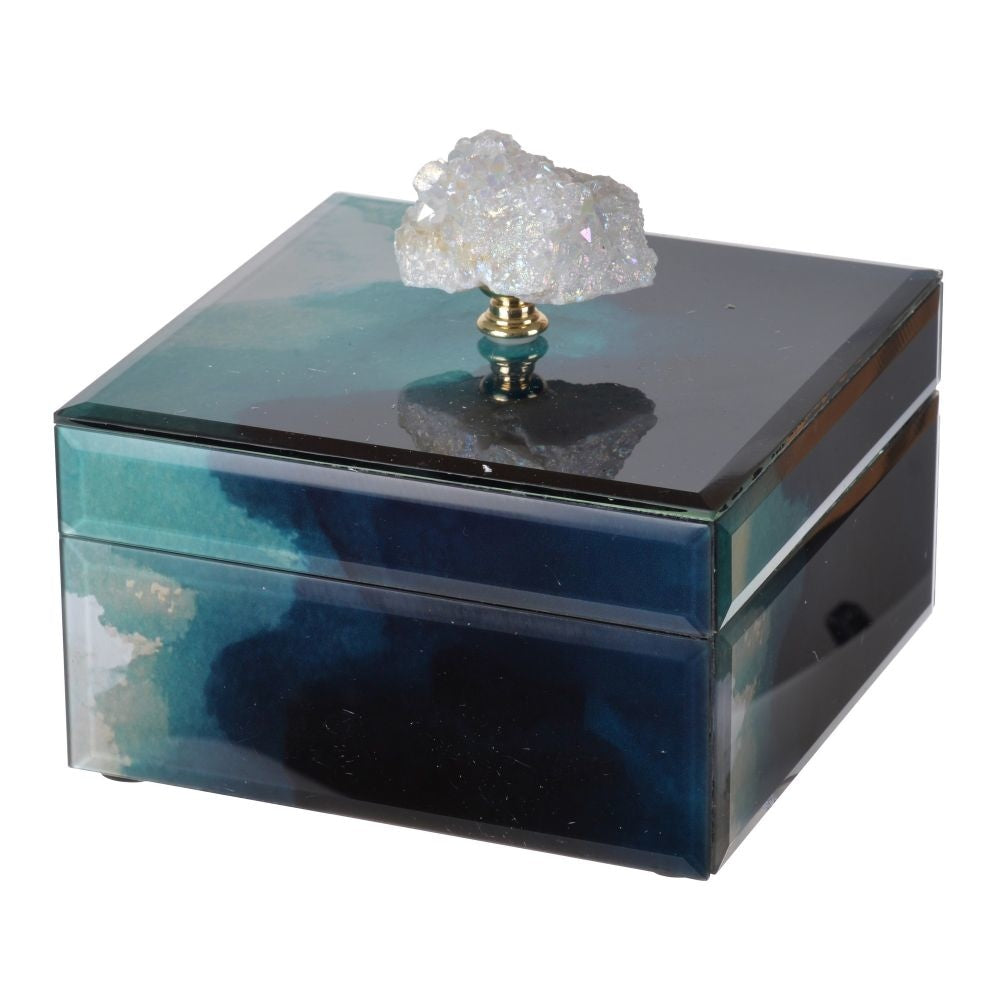 Eve 6 Inch Decorative Accessory Box, Elegant Stone with Finial Accent, Blue By Casagear Home