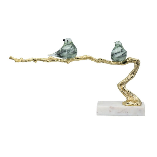 Sue 25 Inch Accent Decor Sculpture, 2 Birds Sitting on Branch, Gold, White By Casagear Home