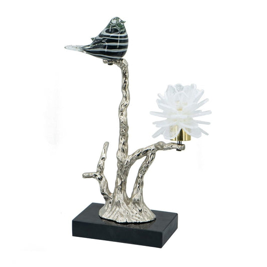 Sue 15 Inch Accent Decor Figurine, Bird on a Branch, Flower, Black, Silver By Casagear Home