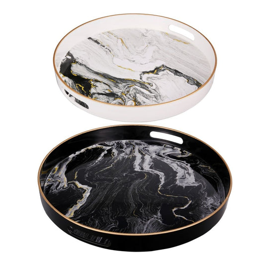 Accent Trays | Set of 2 | Round | Marble Pattern | Black White Gold