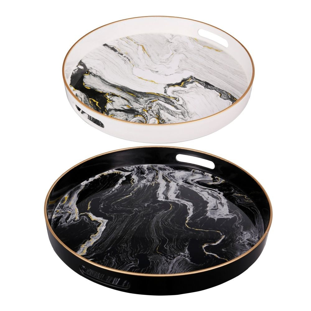Set of 2 Round Accent Trays, Tabletop Decor, Marbling, Black, White, Gold By Casagear Home