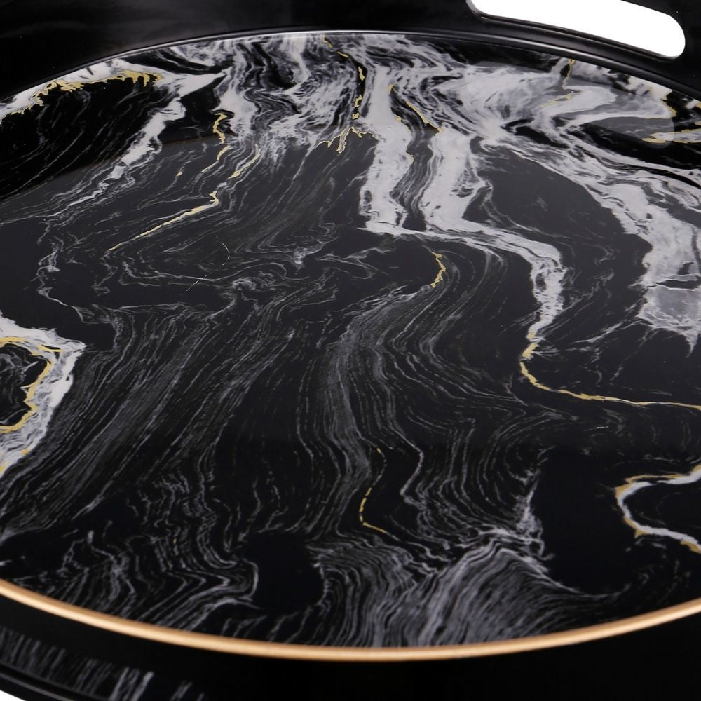 Set of 2 Round Accent Trays Tabletop Decor Marbling Black White Gold By Casagear Home BM285013
