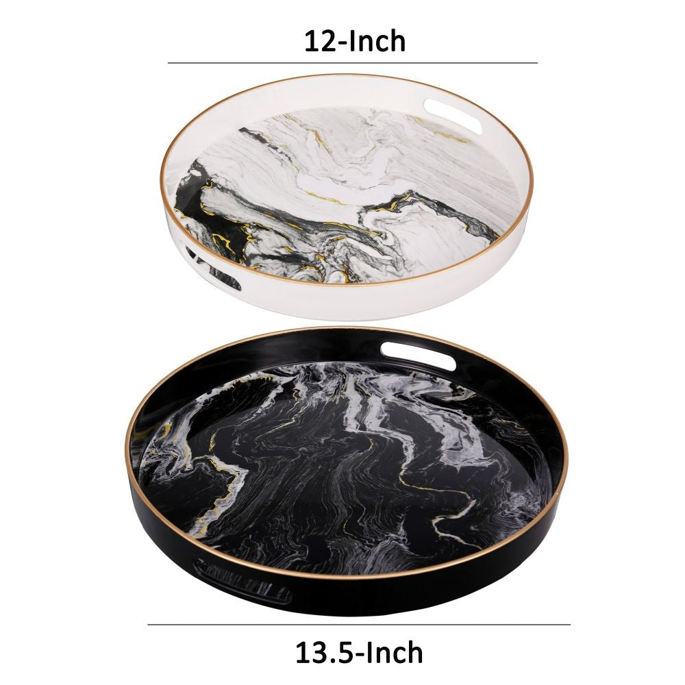 Set of 2 Round Accent Trays Tabletop Decor Marbling Black White Gold By Casagear Home BM285013