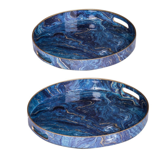 Set of 2 Round Accent Trays, Tabletop Decor, Marbling, Blue, Gold Marbling By Casagear Home