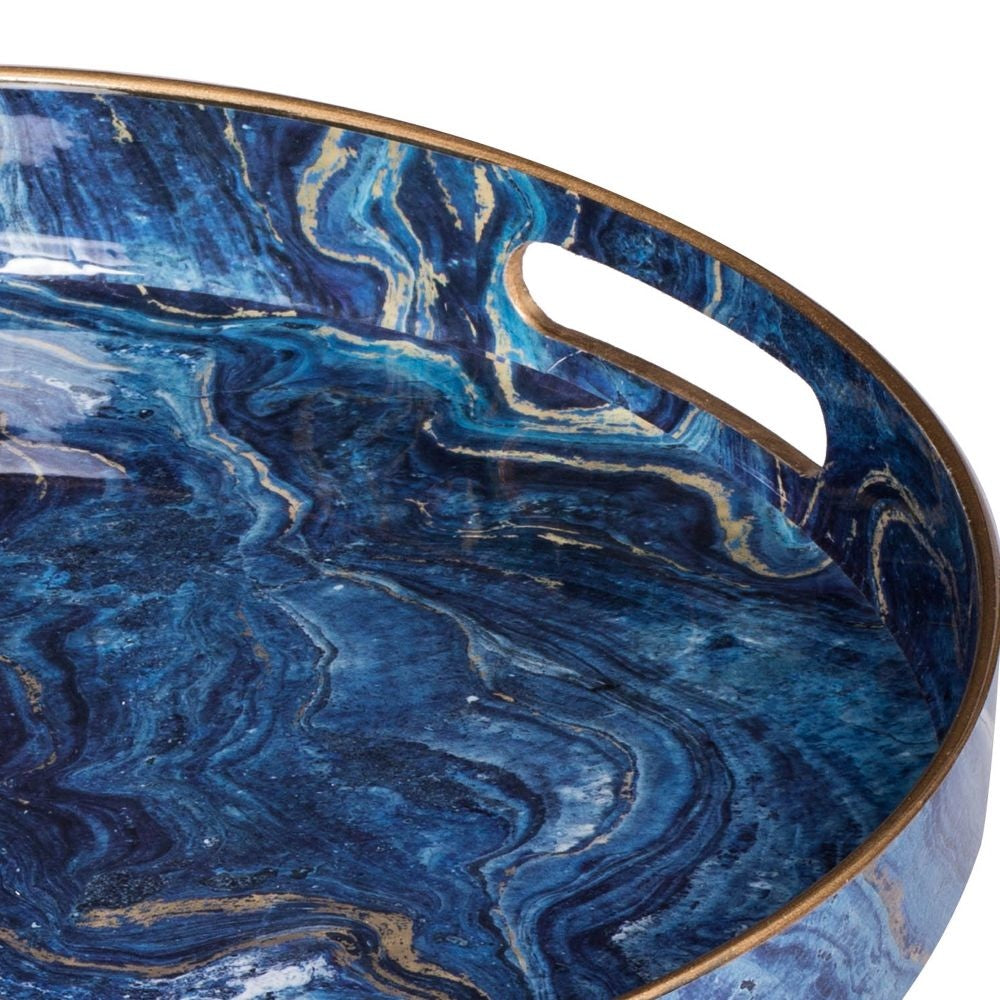 Set of 2 Round Accent Trays Tabletop Decor Marbling Blue Gold Marbling By Casagear Home BM285014