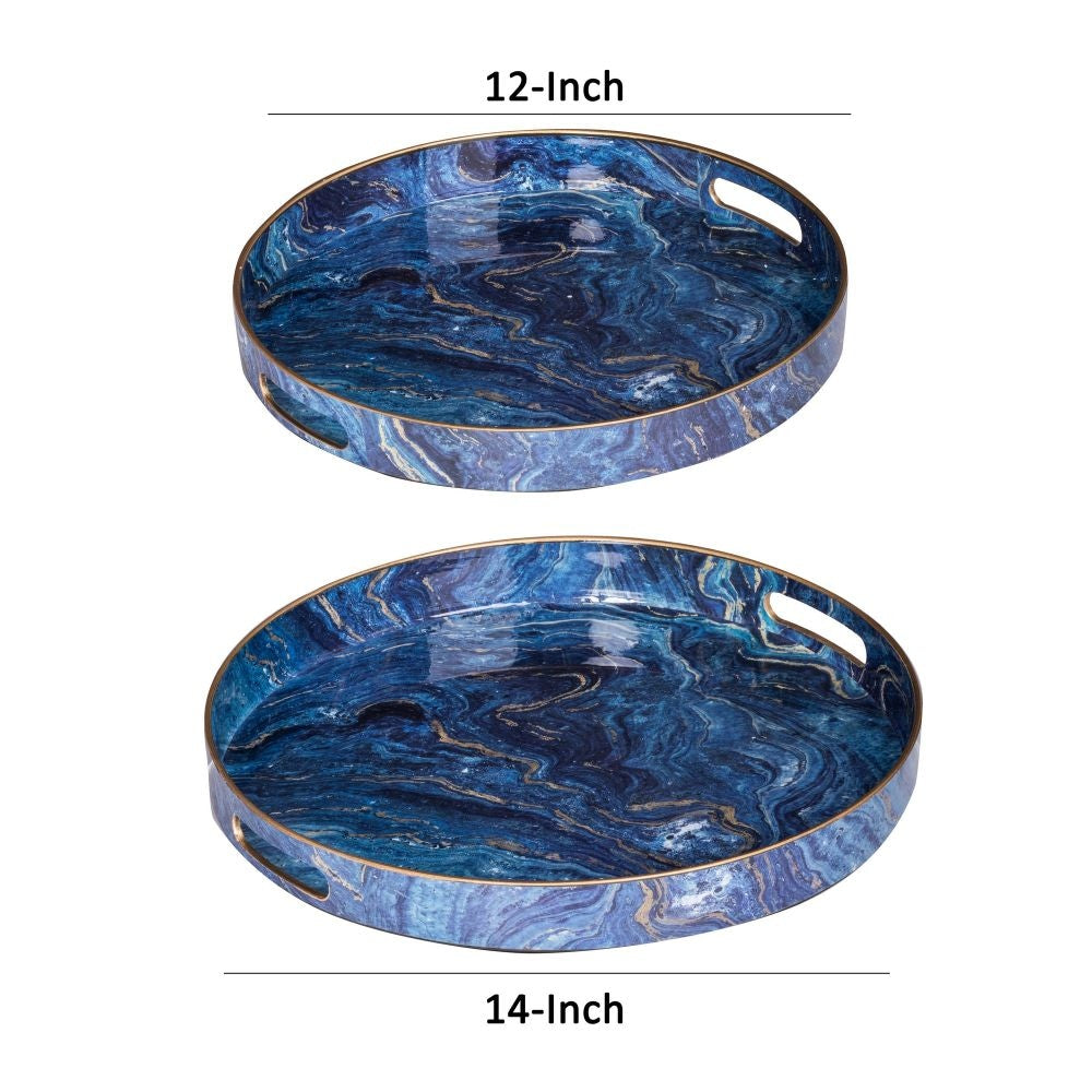 Set of 2 Round Accent Trays Tabletop Decor Marbling Blue Gold Marbling By Casagear Home BM285014