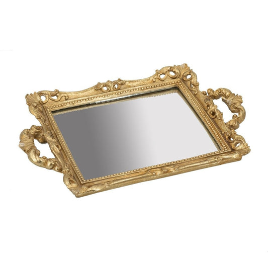 16 Inch Serving Tray, Decorative, Mirrored Bottom, Carved Gold Frame By Casagear Home