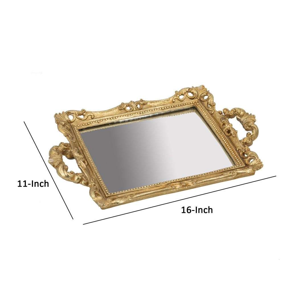 16 Inch Serving Tray Decorative Mirrored Bottom Carved Gold Frame By Casagear Home BM285017