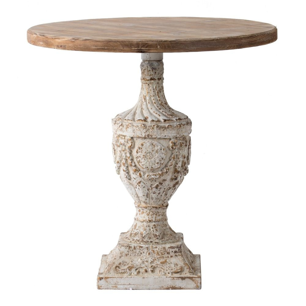 Side Table | 31" | Round Fir Wood | Engraved | Antique White