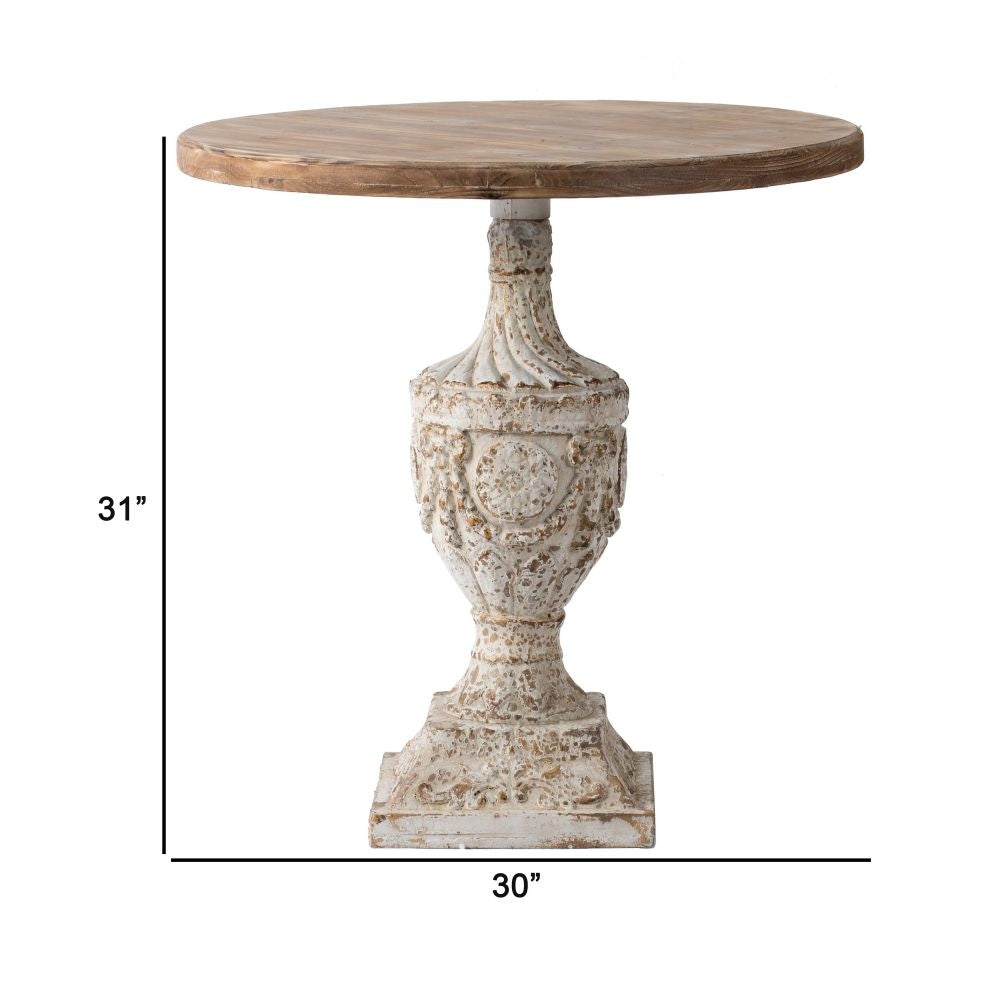 31 Inch Round Accent Side Table Fir Wood Engraved Brown Antique White By Casagear Home BM285037