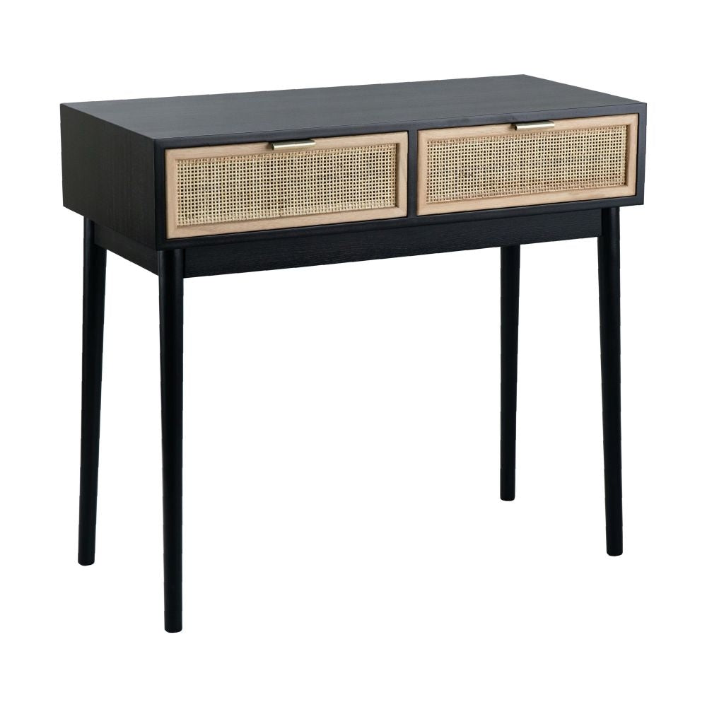 Ela 35 Inch 2 Drawer Wood Console Table, Woven Rattan Panels, Brown, Black By Casagear Home