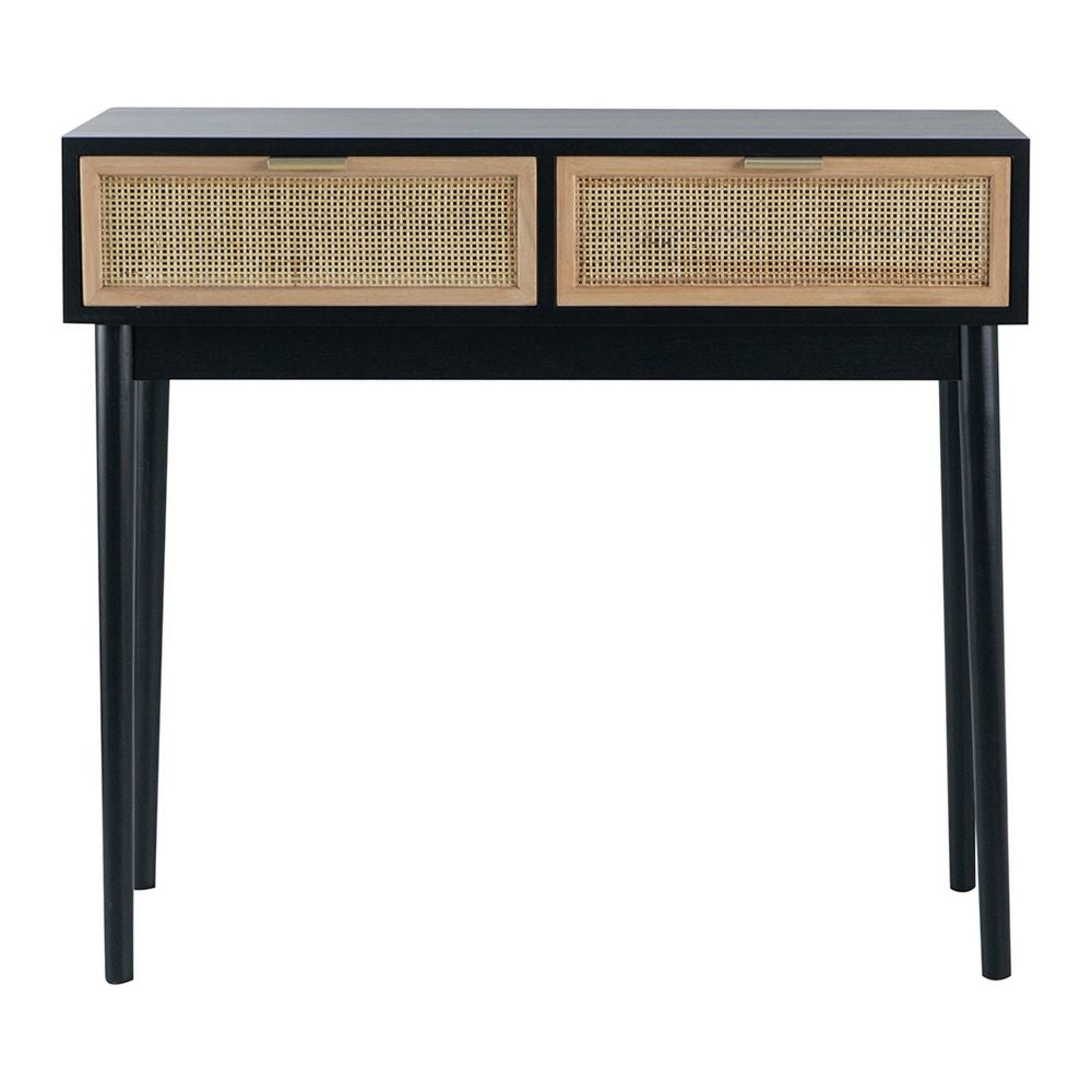 Ela 35 Inch 2 Drawer Wood Console Table Woven Rattan Panels Brown Black By Casagear Home BM285044