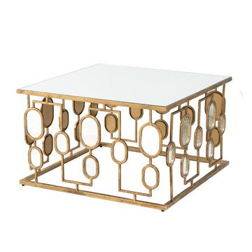 32 Inch Coffee Table, Mirror Top, Geometric Patterns, Iron, Modern, Gold By Casagear Home