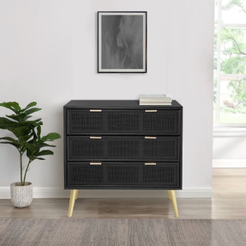 Dresser Chest | 31" | 3 Drawer | Rattan Front | Black Gold