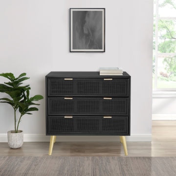 31 Inch Dresser Chest Cabinet, 3 Drawers, Woven Rattan, Modern, Black, Gold By Casagear Home