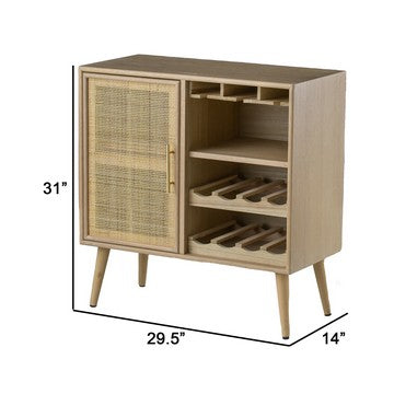 Dana 31 Inch Wood Wine Cabinet 2 Shelves Glass Hanger Rattan Door Brown By Casagear Home BM285104