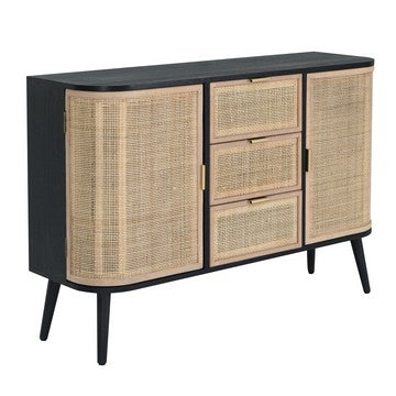 Dana 47 Inch Wood Sideboard Cabinet, 3 Drawers, Rattan Doors, Modern, Black By Casagear Home