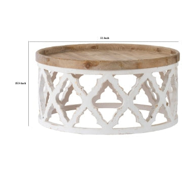 Ode 32 Inch Coffee Table Round Quatrefoil Lattice Design Brown White By Casagear Home BM285117