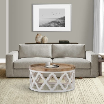 Ode 32 Inch Coffee Table, Round, Quatrefoil Lattice Design, Brown, White By Casagear Home