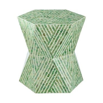20 Inch Stool Table, Capiz Shell Inlay, Hexagonal Geometric Design, Green By Casagear Home