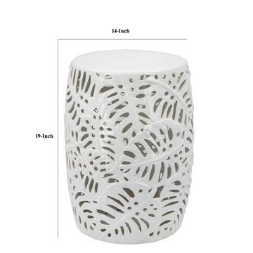 19 Inch Stool Table Round Drum Ceramic Palm Leaf Design Glossy White By Casagear Home BM285126