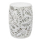 19 Inch Stool Table, Round Drum, Ceramic, Palm Leaf Design, Glossy White By Casagear Home