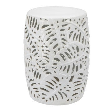 19 Inch Stool Table, Round Drum, Ceramic, Palm Leaf Design, Glossy White By Casagear Home