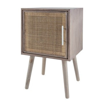 Oli 28 Inch Accent Cabinet Table, Rustic Rattan Door, Splayed Legs, Brown, Gray By Casagear Home
