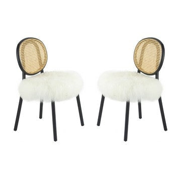 Ada 24 Inch Dining Chair, Cane Rattan Back, Fur Seat, Set of 2, Black By Casagear Home