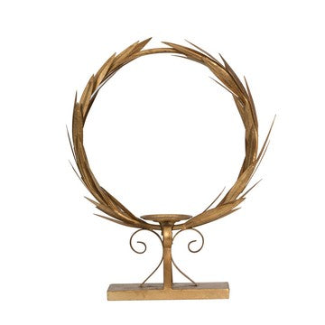 20 Inch Luxury Accent Candle Holder, Laurel Wreath, Metal Frame Gold Finish By Casagear Home