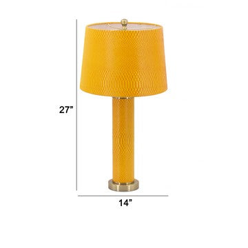 27 Inch Modern Table Lamp Vegan Faux Leather Iron Bright Orange Yellow By Casagear Home BM285167