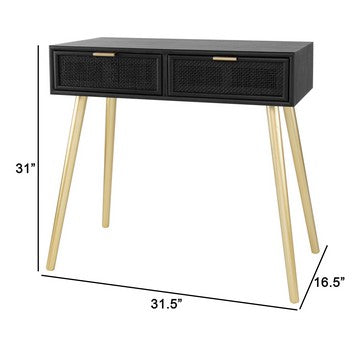 Pia 32 Inch Wood Console Table 2 Drawers Woven Rattan Design Black Gold By Casagear Home BM285177