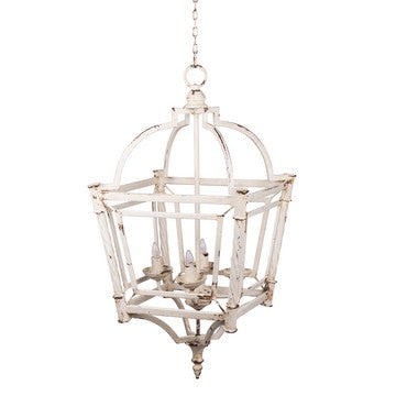 18 Inch Chandelier, Birdcage Design Iron, Farmhouse Weathered Antique White By Casagear Home