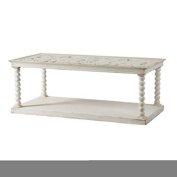 48 Inch Coffee Table, Rectangular, Glass Top, Scroll Design, Vintage White By Casagear Home