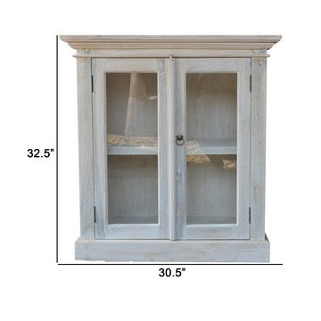 33 Inch Classic Wood Cabinet 1 Shelf 2 Glass Doors Metal Handle White By Casagear Home BM285219