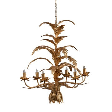 26 Inch 6 Light Chandelier, Iron, Cascading Leaves, Vintage, Classic, Gold By Casagear Home