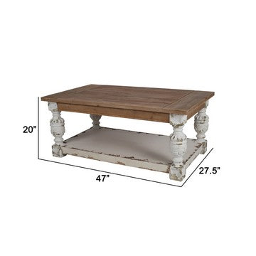 47 Inch Classic Coffee Table Rectangular Carved Leg Bottom Shelf Brown By Casagear Home BM285229