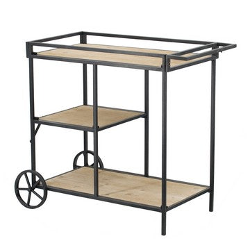 32 Inch Bar Cart, 3 Tiers, Fir Wood Shelves, Iron Frame, Black, Brown By Casagear Home