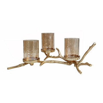 16 Inch 3 Pillar Candle Holder, Aluminum, Accented Frosted Glass, Gold By Casagear Home
